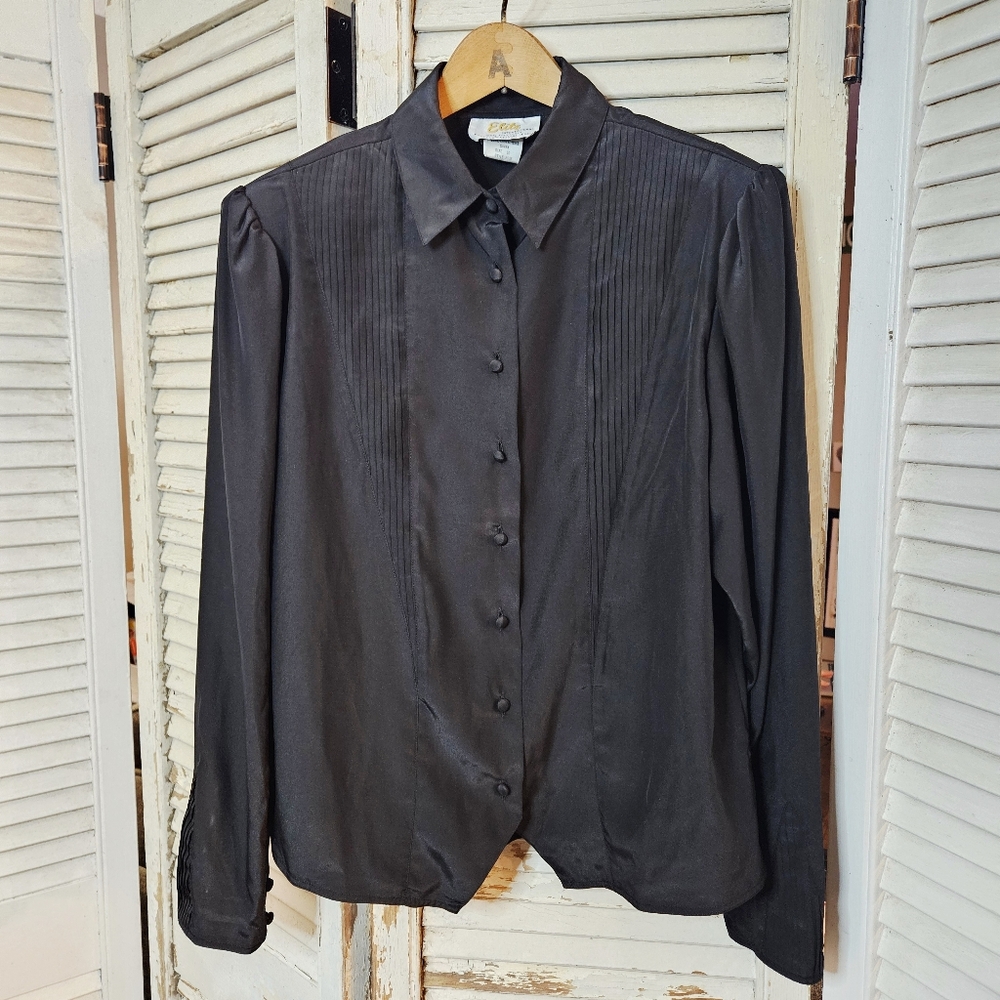 Vintage 80s Black Satiny Tuxedo Blouse Small/Medium